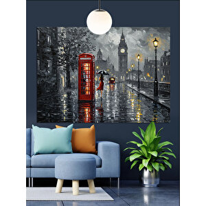 Yağmurlu Londra Telefon Kulübesi Dekoratif Kanvas - Mdf Ahşap Tablo