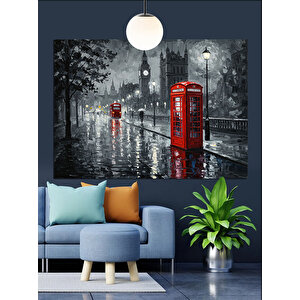 Yağmurlu Londra Telefon Kulübeleri Dekoratif Kanvas - Mdf Ahşap Tablo 50x70 cm