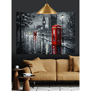 Yağmurlu Londra Telefon Kulübeleri Dekoratif Kanvas - Mdf Ahşap Tablo 50x70 cm