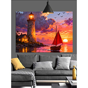 Gün Batımında Deniz Feneri Yelkenli Dekoratif Kanvas - Mdf Ahşap Tablo 25x35 cm
