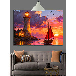 Gün Batımında Deniz Feneri Yelkenli Dekoratif Kanvas - Mdf Ahşap Tablo 25x35 cm