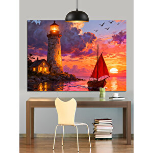 Gün Batımında Deniz Feneri Yelkenli Dekoratif Kanvas - Mdf Ahşap Tablo