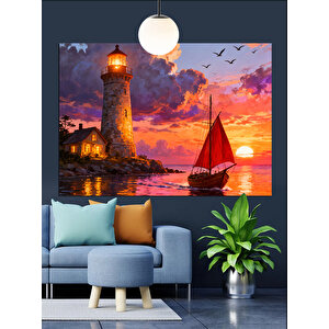 Gün Batımında Deniz Feneri Yelkenli Dekoratif Kanvas - Mdf Ahşap Tablo