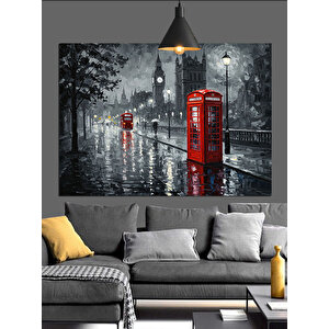Yağmurlu Londra Telefon Kulübeleri Dekoratif Kanvas - Mdf Ahşap Tablo 35x50 cm