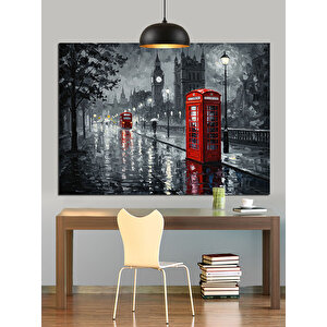 Yağmurlu Londra Telefon Kulübeleri Dekoratif Kanvas - Mdf Ahşap Tablo