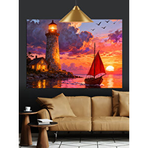 Gün Batımında Deniz Feneri Yelkenli Dekoratif Kanvas - Mdf Ahşap Tablo 50x70 cm