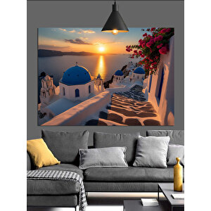 Mavi Kubbe Santorini Gün Batımı Dekoratif Kanvas - Mdf Ahşap Tablo 70x100 cm