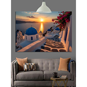 Mavi Kubbe Santorini Gün Batımı Dekoratif Kanvas - Mdf Ahşap Tablo 70x100 cm