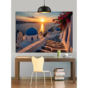 Mavi Kubbe Santorini Gün Batımı Dekoratif Kanvas - Mdf Ahşap Tablo 70x100 cm