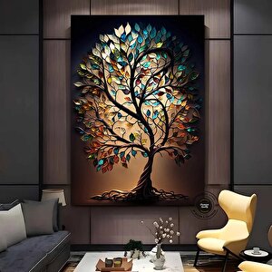 Renkli Ağaç Kanvas Duvar Sanatı, Vitral Tarzı Renkli Ağaç Dekoru 50x70 cm