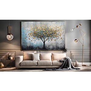 Mavi Ve Altın Yaldızlı Ağaç Tablosu, Lüks Botanik Duvar Sanatı, Zarif Kanvas Dekor