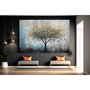 Mavi Ve Altın Yaldızlı Ağaç Tablosu, Lüks Botanik Duvar Sanatı, Zarif Kanvas Dekor