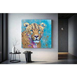 Mavi Gözlü Soyut Leopar Duvar Sanatı, Hayvan Sanatı Altın Leopar Kanvası, Asmaya Hazır 80x80 cm