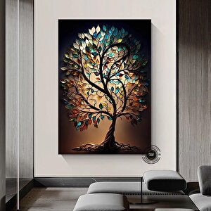 Renkli Ağaç Kanvas Duvar Sanatı, Vitral Tarzı Renkli Ağaç Dekoru 70x100 cm