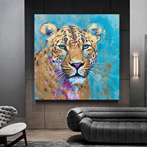 Mavi Gözlü Soyut Leopar Duvar Sanatı, Hayvan Sanatı Altın Leopar Kanvası, Asmaya Hazır