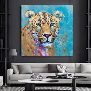 Mavi Gözlü Soyut Leopar Duvar Sanatı, Hayvan Sanatı Altın Leopar Kanvası, Asmaya Hazır 60x60 cm