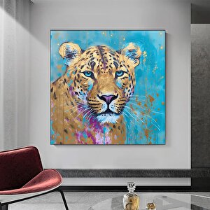 Mavi Gözlü Soyut Leopar Duvar Sanatı, Hayvan Sanatı Altın Leopar Kanvası, Asmaya Hazır