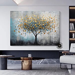 Mavi Ve Altın Yaldızlı Ağaç Tablosu, Lüks Botanik Duvar Sanatı, Zarif Kanvas Dekor 90x180 cm