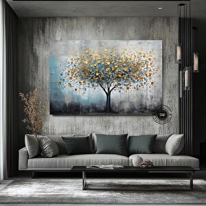 Mavi Ve Altın Yaldızlı Ağaç Tablosu, Lüks Botanik Duvar Sanatı, Zarif Kanvas Dekor 90x180 cm