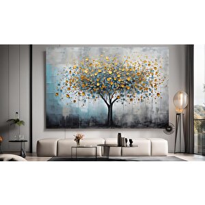 Mavi Ve Altın Yaldızlı Ağaç Tablosu, Lüks Botanik Duvar Sanatı, Zarif Kanvas Dekor 90x180 cm