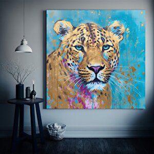 Mavi Gözlü Soyut Leopar Duvar Sanatı, Hayvan Sanatı Altın Leopar Kanvası, Asmaya Hazır 50x50 cm