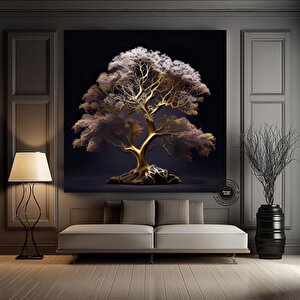 Altın Ağaç Kanvas Tablo; Lüks Oturma Odası 100x100 cm