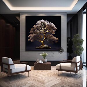Altın Ağaç Kanvas Tablo; Lüks Oturma Odası 100x100 cm