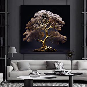 Altın Ağaç Kanvas Tablo; Lüks Oturma Odası 70x70 cm