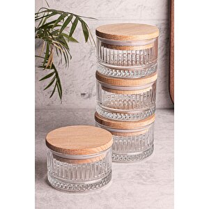 Bella Soft 4'lü Ahşap Vakumlu Kapaklı Cam Kahvaltılık Çok Amaçlı Cam Çerezlik 235 Ml