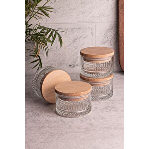 Bella Soft 4'lü Ahşap Vakumlu Kapaklı Cam Kahvaltılık Çok Amaçlı Cam Çerezlik 235 Ml