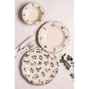 Wild - 18 Parça 6 Kişilik Porselen Yemek Takımı Kenarları Silik Vintage Tuval Model Porselen Tabak