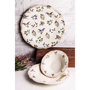 Wild - 18 Parça 6 Kişilik Porselen Yemek Takımı Kenarları Silik Vintage Tuval Model Porselen Tabak