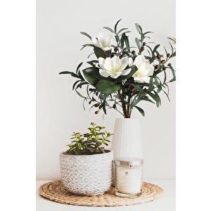 Yapay Çiçek 1dal Beyaz Manolya 3 Kafalı 3adet Yapay Zeytin Dalı  Uzun Dal Çiçek Flowers 80cm