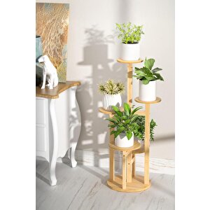 Bambu Yuvarlak Form 5 Raflı Saksılık Saksı Standı Çiçeklik Organizer Db-0036