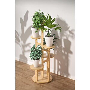 Bambu Yuvarlak Form 5 Raflı Saksılık Saksı Standı Çiçeklik Organizer Db-0036