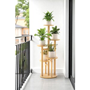 Bambu Yuvarlak Form 5 Raflı Saksılık Saksı Standı Çiçeklik Organizer Db-0036