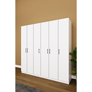 Asra Trend MDF 6 Kapaklı Gardırop - 180×180×45cm, 10 Raflı Düzenleyici Çok Amaçlı Dolap, G-06 Beyaz