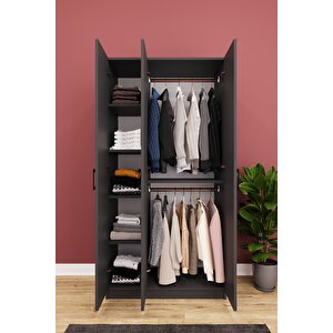 Asra Trend MDF 3 Kapaklı Gardırop - 90×180×45cm, 5 Raflı Düzenleyici Çok Amaçlı Dolap, G-07 Koyu Gri