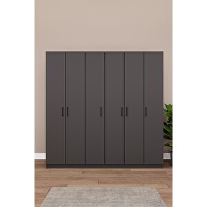 Asra Trend MDF 6 Kapaklı Gardırop - 180×180×45cm, 10 Raflı Düzenleyici Çok Amaçlı Dolap, G-06 Koyu Gri