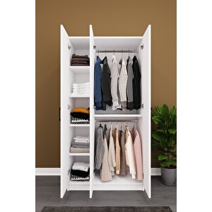 Asra Trend MDF 3 Kapaklı Gardırop - 90×180×45cm, 5 Raflı Düzenleyici Çok Amaçlı Dolap, G-07 Beyaz
