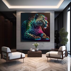 Kaplan Ve Leopar Temalı Renkli Hayvan Sanatı, Asılmaya Hazır Duvar Tablosu 80x80 cm