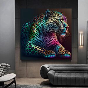 Kaplan Ve Leopar Temalı Renkli Hayvan Sanatı, Asılmaya Hazır Duvar Tablosu 70x70 cm