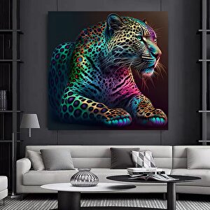 Kaplan Ve Leopar Temalı Renkli Hayvan Sanatı, Asılmaya Hazır Duvar Tablosu 100x100 cm