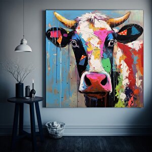 İnek Kanvas Duvar Sanatı. Renkli İnek Sanatı, Renkli Hayvan Duvar Dekoru 100x100 cm