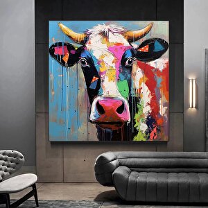 İnek Kanvas Duvar Sanatı. Renkli İnek Sanatı, Renkli Hayvan Duvar Dekoru 120x120 cm
