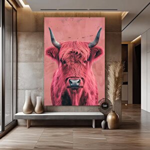 Pembe İnek Kanvas; Canlı Modern Hayvan Baskısı; Göze Çarpan Dekor