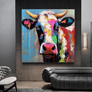 İnek Kanvas Duvar Sanatı. Renkli İnek Sanatı, Renkli Hayvan Duvar Dekoru 40x40 cm