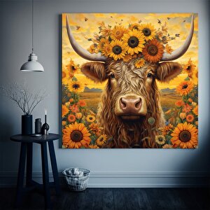 Ayçiçeği Başlı İnek Kanvas Tablo; Renkli İnek Sanatı; Hayvan Dekoru 120x120 cm