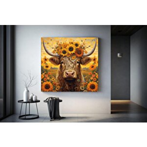 Ayçiçeği Başlı İnek Kanvas Tablo; Renkli İnek Sanatı; Hayvan Dekoru