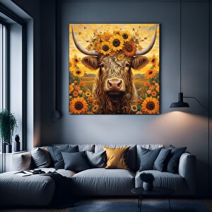 Ayçiçeği Başlı İnek Kanvas Tablo; Renkli İnek Sanatı; Hayvan Dekoru